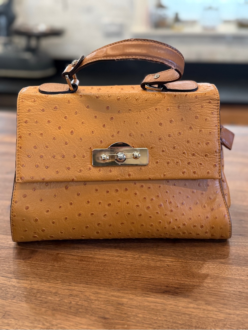 Rowallan Ostrich-Embossed Satchel in Tan